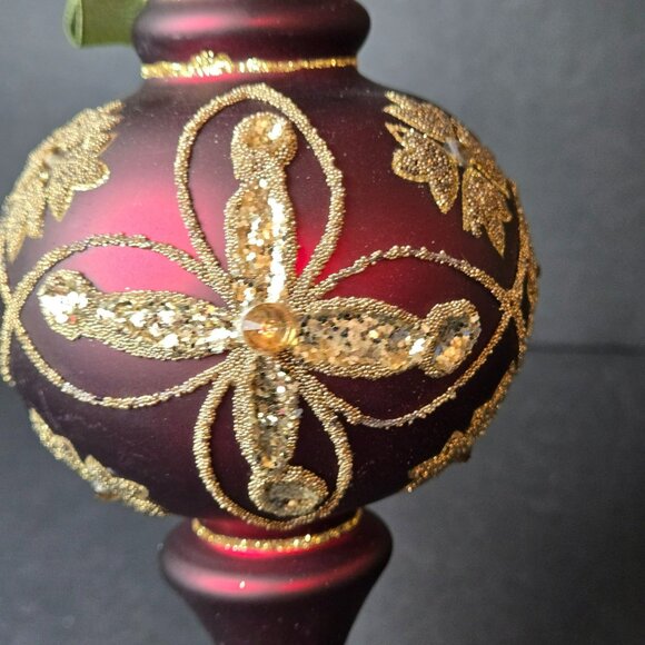 Frontgate Burgundy Gold Glass Finial Ornament Hand Painted Glittered 7" Decor - Picture 3 of 10